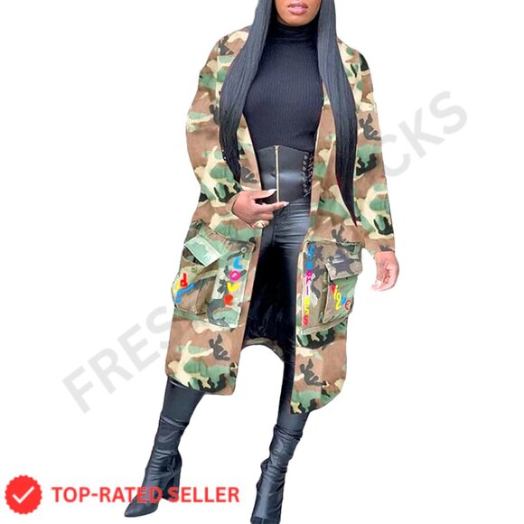 Camo Blazer Jacket Lapel Long Sleeve Open Front Cardigan Coat Classic Pockets